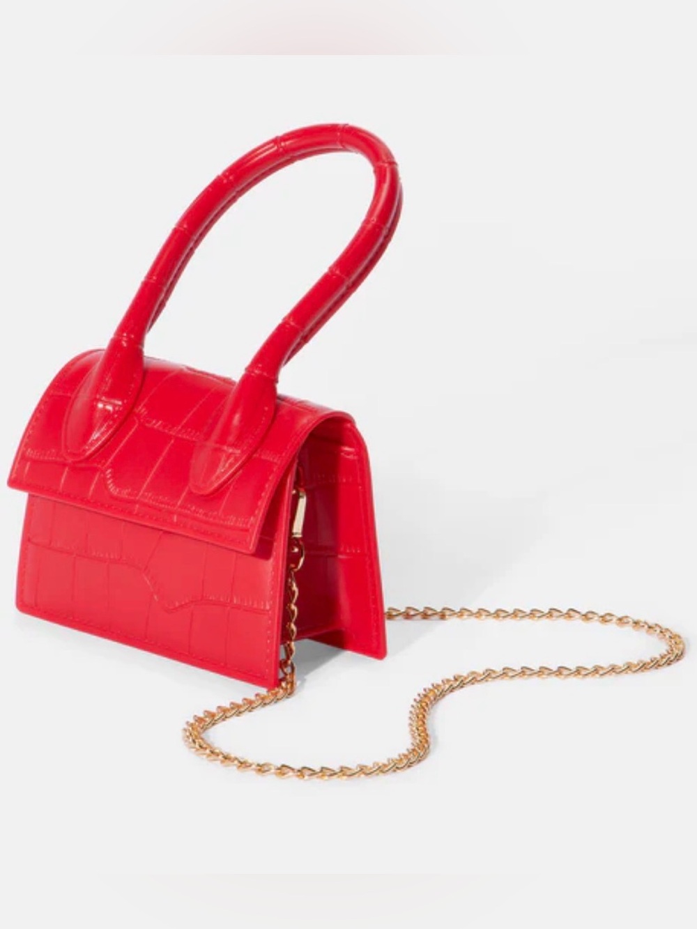 Fashion Nova Red Faux-Croc Mini Top-Handle Bag with Gold Chain Strap Crossbody